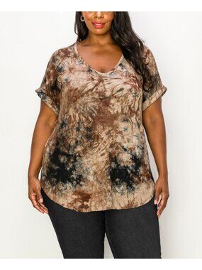 COIN 1804 Plus Size 2X Tie Dye V-neck Rolled Short Sleeve Top Brown Black